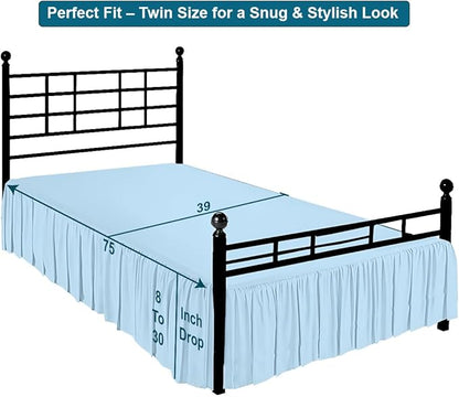 Shreem Linen Ruffled Bed Skirt with Split Corners, Gathered Style, 100% Microfiber, 12-Inch Drop, Dust Ruffle Bedskirt with Platform, Twin, Light Blue