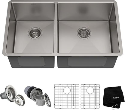 KRAUS Standart Pro 33 -inch Undermount 60/40 Double Bowl 16 Gauge Stainless Steel Kitchen Sink, KHU104-33
