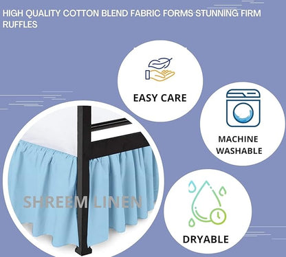 Shreem Linen Ruffled Bed Skirt with Split Corners, Gathered Style, 100% Microfiber, 16-Inch Drop, Dust Ruffle Bedskirt with Platform, Short Queen, Light Blue