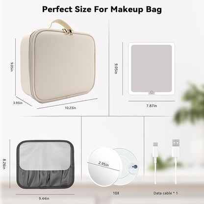 Travel Makeup Bag with LED Mirror and 10x magnifying glass with 3 Lighted Settings, Adjustable Dividers and Makeup Brush Storage Bag White