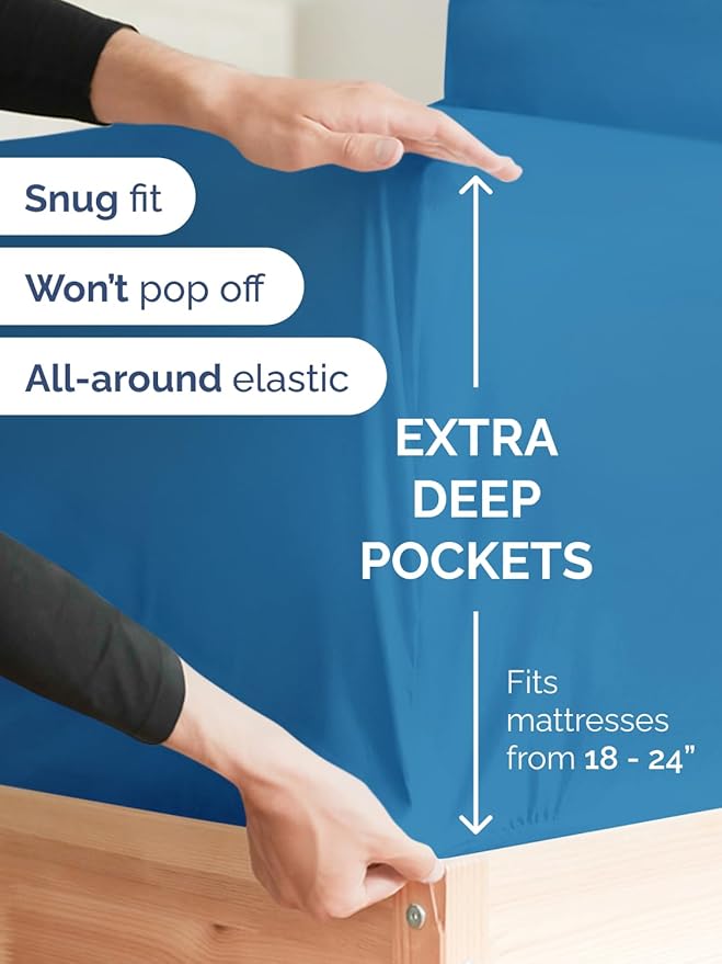 Extra Deep Cal King Fitted Sheet - Hotel Luxury Single Fitted Sheet Only - Easily Fits 18 inch to 24 inch Mattress - Ultra Soft, Wrinkle Free w/Extra Deep Pockets - Breathable & Comfy - Denim Blue