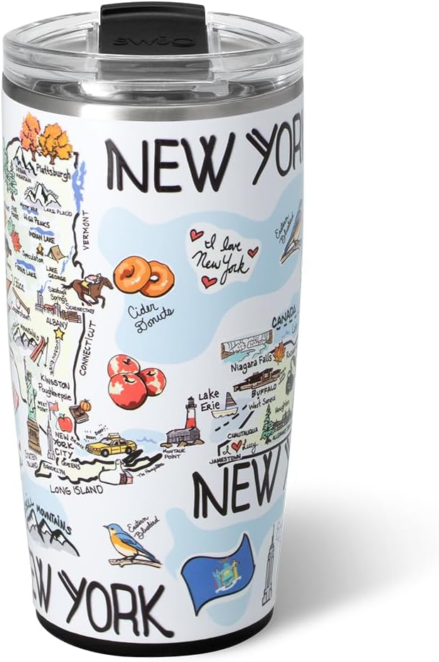 Swig Life 22oz Travel Mug, Insulated Tumbler with Handle and Lid, Travel Coffee Mug, Cup Holder Friendly, Stainless Steel 22 oz Tumbler, Reusable Insulated with Lid (New York)