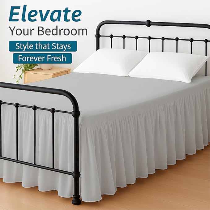 Shreem Linen Ruffled Bed Skirt with Split Corners, Gathered Style, 100% Microfiber, 28-Inch Drop, Dust Ruffle Bedskirt with Platform, Twin-XXL, Light Grey
