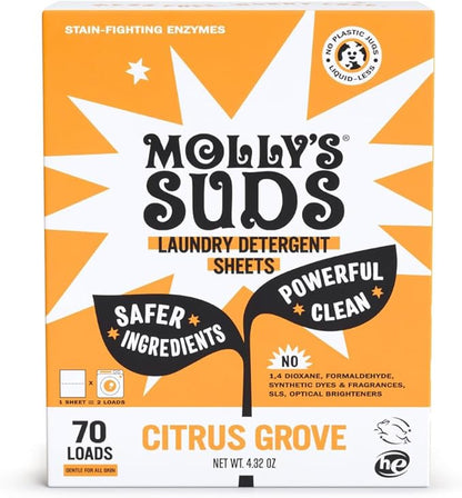 Molly’s Suds Laundry Detergent Sheets | Gentle on Sensitive Skin, Powerful Bio-Based Enzymes, Stain-Fighting | Liquidless & Plastic-Free Packaging | 70 Loads (Citrus Grove)