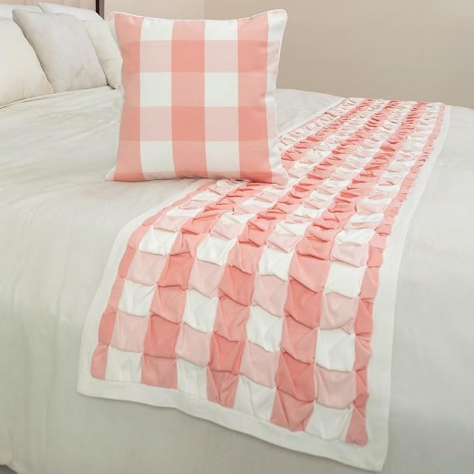 The HomeCentric King/Queen/Twin Peach Pink Decorative Twin 53"x18" Bed Runner with Pillow Cover, Textured & Buffalo Checks Bed Scarf on Cotton Fabric - Buffalo Plaid Peach