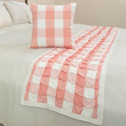 The HomeCentric King/Queen/Twin Peach Pink Decorative CA King 86"x18" Bed Runner with 2 Pillow Cover, Textured & Buffalo Checks Bed Scarf on Cotton Fabric - Buffalo Plaid Peach