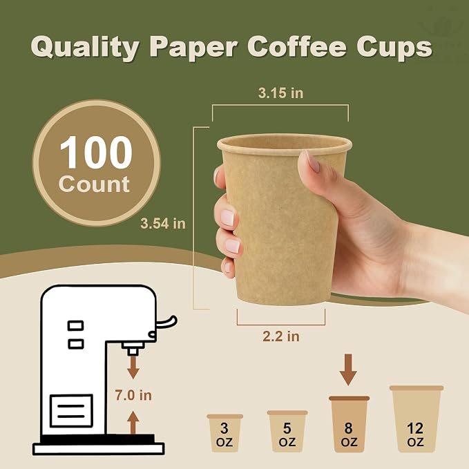 8 oz 100 Pack Disposable Coffee Cups, Bulk Brown Disposable Paper Cups