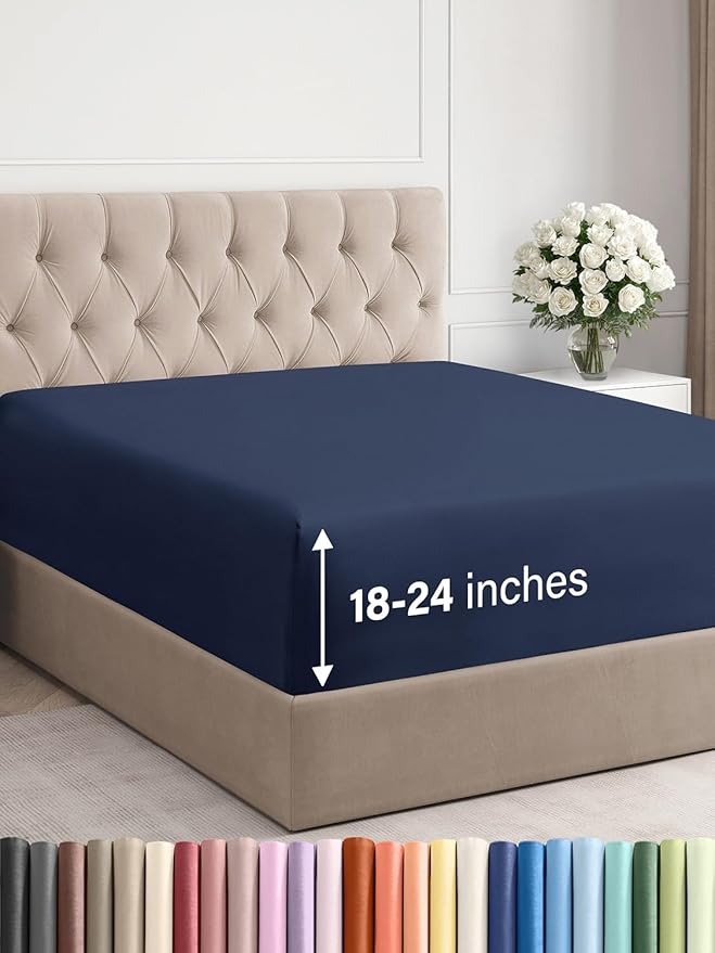 Extra Deep Queen Fitted Sheet - Hotel Luxury Single Fitted Sheet Only - Easily Fits 18 inch to 24 inch Mattress - Ultra Soft, Wrinkle & Fade Free w/Extra Deep Pockets - Breathable & Comfy - Navy Blue