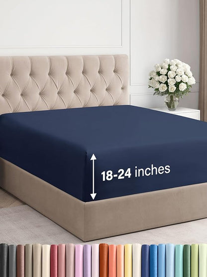 Extra Deep Queen Fitted Sheet - Hotel Luxury Single Fitted Sheet Only - Easily Fits 18 inch to 24 inch Mattress - Ultra Soft, Wrinkle & Fade Free w/Extra Deep Pockets - Breathable & Comfy - Navy Blue
