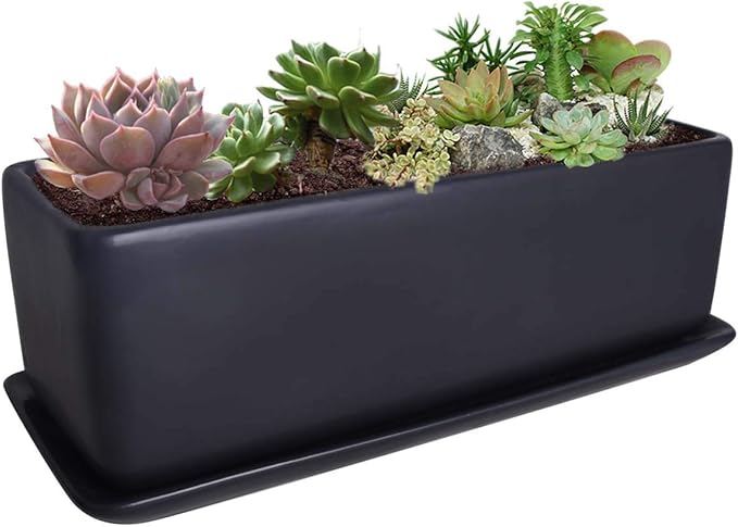 Vencer 12 Inch Rectangular Modern Minimalist Ceramic Succulent Planter Pot