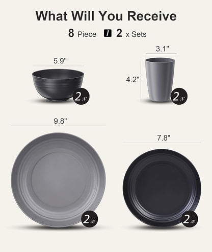 Quatish 8 Pcs Unbreakable Plates and Bowls, Plastic Dinnerware Sets