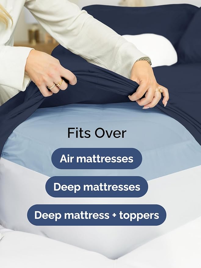 Extra Deep Queen Fitted Sheet - Hotel Luxury Single Fitted Sheet Only - Easily Fits 18 inch to 24 inch Mattress - Ultra Soft, Wrinkle & Fade Free w/Extra Deep Pockets - Breathable & Comfy - Navy Blue