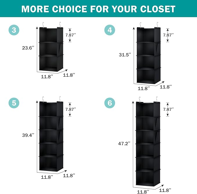 YOUDENOVA Hanging Closet Organizer, 3-Shelf Closet Hanging Storage Shelves, Black