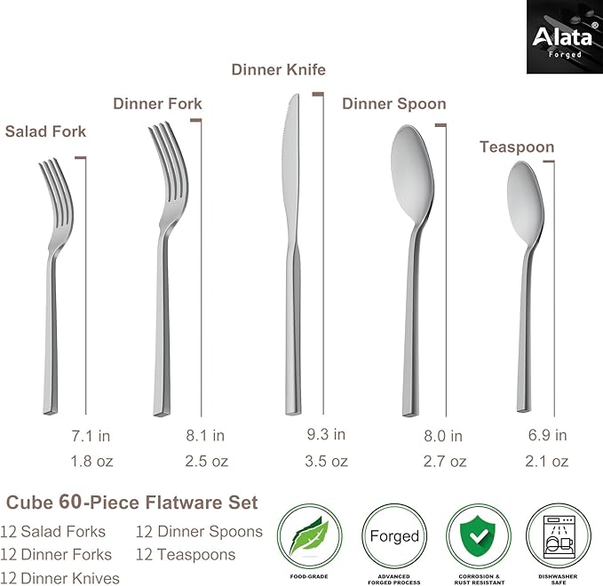 Alata Cube 60-Piece Forged Stainless Steel Flatware Set Cutlery Set, Silverware Set Service for 12, Mirror Finish, Dishwasher Safe
