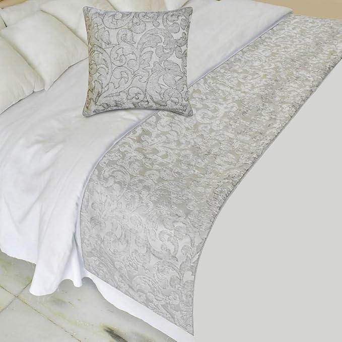 The HomeCentric King/Queen/Twin Silver Luxury Twin 53"x18" Bed Runner Without Pillow Cover, Abstract, Floral, Bead Hand Embroidery Bed Scarf on Jacquard Fabric - Ethereal Silver