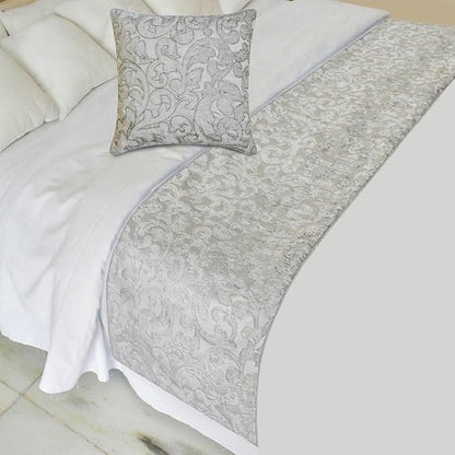 The HomeCentric King/Queen/Twin Silver Luxury Twin 53"x18" Bed Runner Without Pillow Cover, Abstract, Floral, Bead Hand Embroidery Bed Scarf on Jacquard Fabric - Ethereal Silver