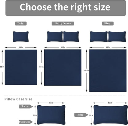 Easy-Going Twin Size Reversible Quilt Set with 1 Quilt and 1 Pillow Sham, Soft Bed Quilt Cover, Water Resistant Lightweight Microfiber Bedspread, Stain Resistant, Olive Leaf-Dark Blue/Light Blue