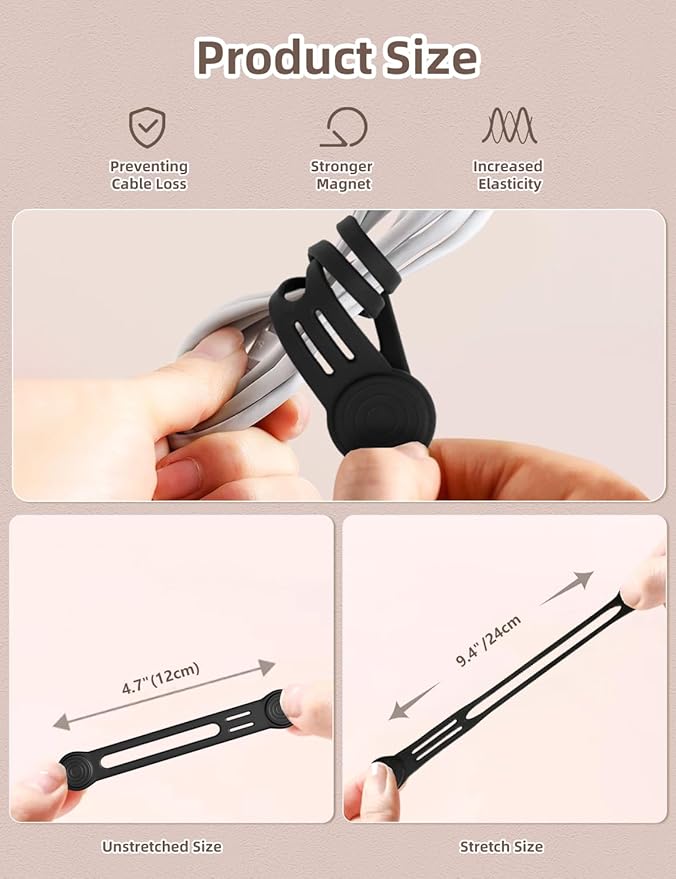 Silicone Magnetic Cable Ties, 4.72 Inch Upgraded Cord Ties With Magnet Cable Strap Cord Wrap For Travel Phone USB Charging Cable Management (8-Pack, Black)