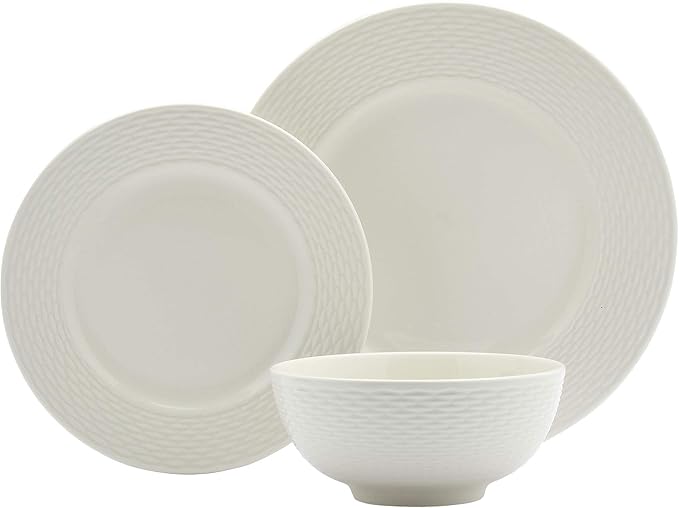 Tabletops Gallery Embossed Bone White Porcelain Round Dinnerware Collection-
