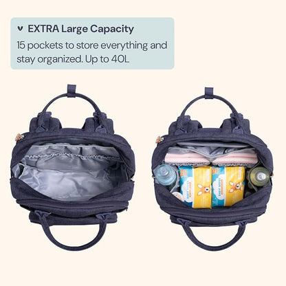 BabbleRoo Extra Large Diaper Bag Backpack, Expandable Baby Bag with Up to 50% More Capacity - Travel Essentials Baby Bag Tote with Changing Pad, Stroller Straps & Pacifier Case - Unisex, Denim Blue