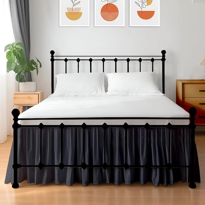 Shreem Linen Ruffled Bed Skirt with Split Corners, Gathered Style, 100% Microfiber, 28-Inch Drop, Dust Ruffle Bedskirt with Platform, Cal-King, Dark Grey