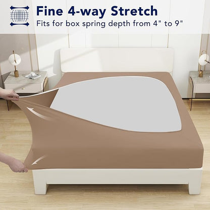 PureFit Stretchy Box Spring Cover Queen - Elastic Fitted Box Spring Wrap Around 4 Sides, Wrinkle & Fading Resistant Fits Queen Size Beds, Camel