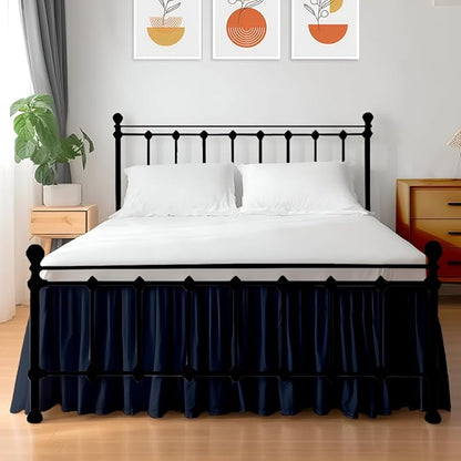 Shreem Linen Ruffled Bed Skirt with Split Corners, Gathered Style, 100% Microfiber, 12-Inch Drop, Dust Ruffle Bedskirt with Platform, Queen-XL, Navy Blue