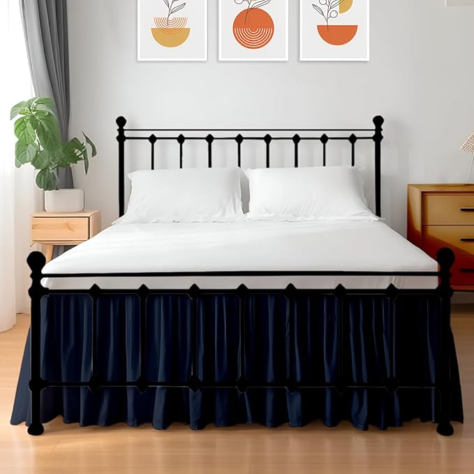 Shreem Linen Ruffled Bed Skirt with Split Corners, Gathered Style, 100% Microfiber, 15-Inch Drop, Dust Ruffle Bedskirt with Platform, Full-XXL, Navy Blue