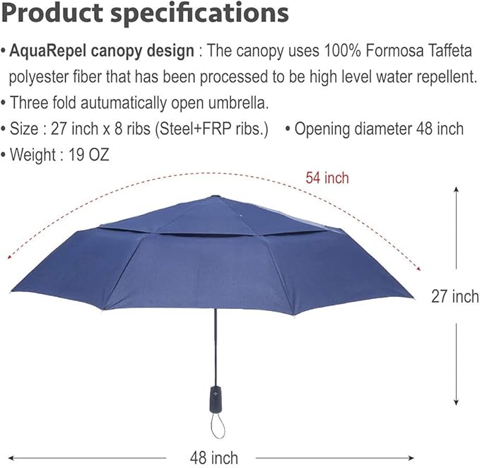 Stonehenge Large Travel Umbrella - Big 54 Inch Double Vented Canopy Folding Umbrella with Auto Open and Close Button (Gray)