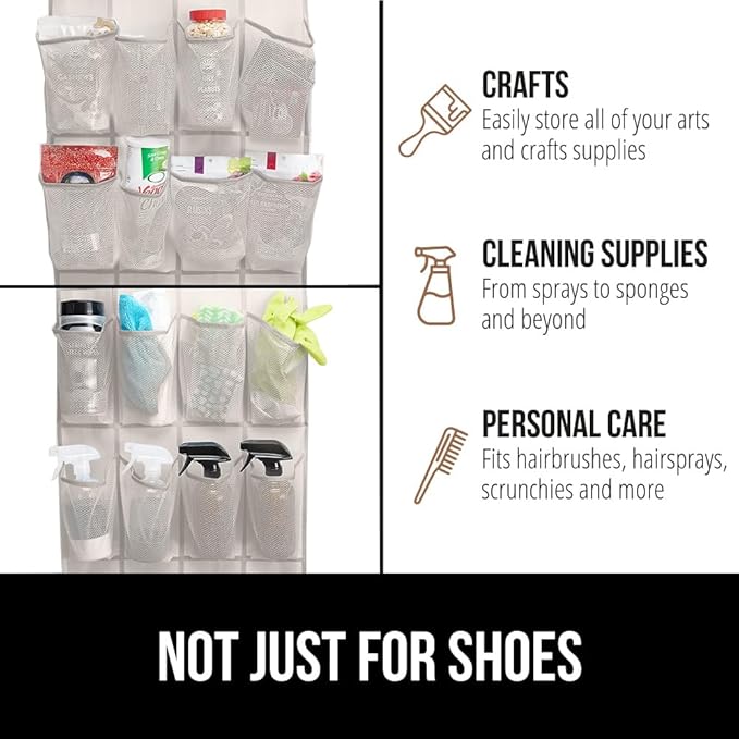 GORILLA GRIP Over the Door Shoe Organizer, 24 Large Breathable Mesh Pockets, Space Saving Hanging Storage Holder, Closet Rack Hanger Holds Up to 40 lbs, Hangs on Closets for Shoes, Accessories, Linen