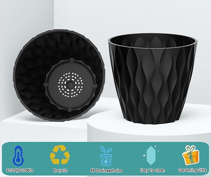 6 Pack 7 Inch Plant Pots with Drainage and Saucers, Stackable Nursery Planters