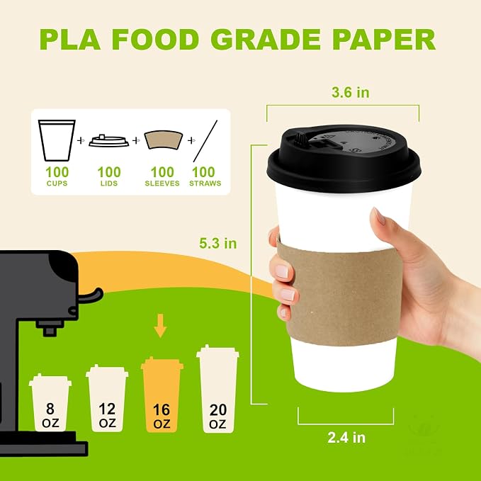 100 Pack 16 oz Disposable Coffee Cups