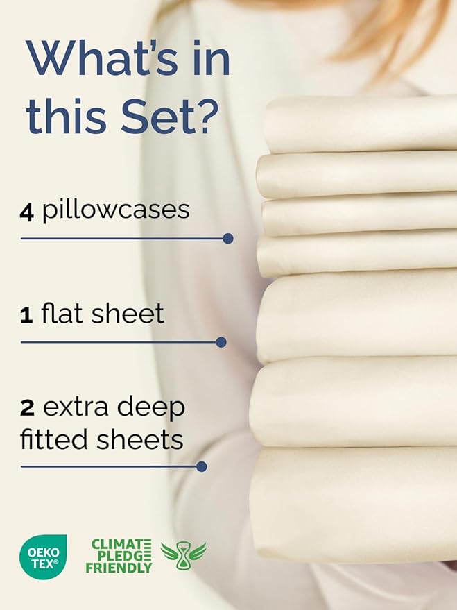 Extra Deep Split King Sheet Set - 7 Piece Breathable and Cooling Sheets - Hotel Luxury Bed Sheets Set - Easy Fit - Soft, Wrinkle Free and Comfy Sheets Set - Off White Sheet Set with Extra Deep Pockets