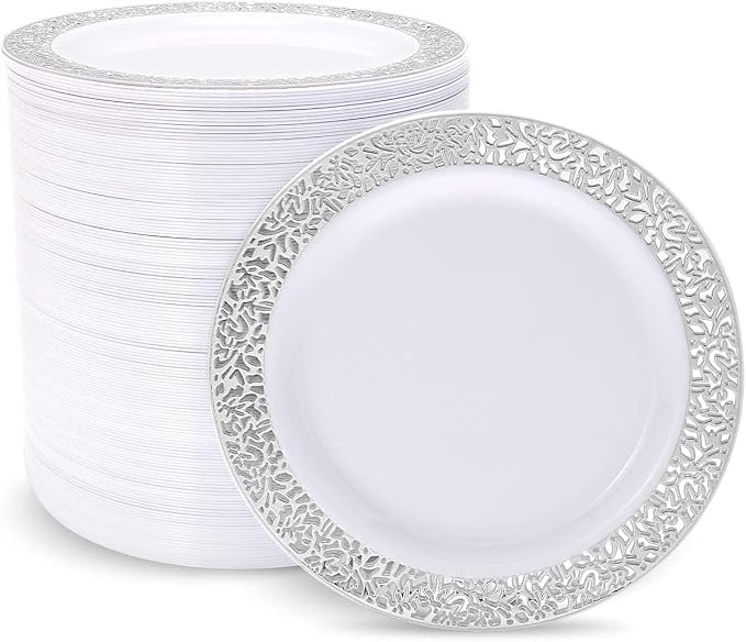 100 Pack Elegant White Plastic Plates