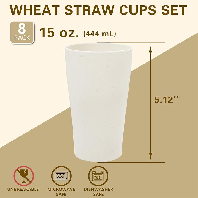 ejonirinjonir EI 8pcs Wheat Straw Cups, 15oz Beige Unbreakable Plastic Reusable