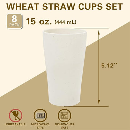 ejonirinjonir EI 8pcs Wheat Straw Cups, 15oz Beige Unbreakable Plastic Reusable