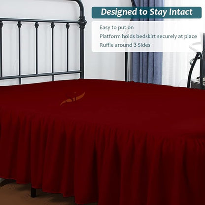 Shreem Linen Ruffled Bed Skirt with Split Corners, Gathered Style, 100% Microfiber, 12-Inch Drop, Dust Ruffle Bedskirt with Platform, Queen-XL, Burgundy