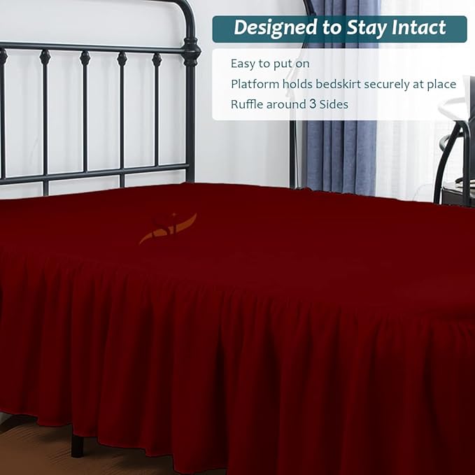 Shreem Linen Ruffled Bed Skirt with Split Corners, Gathered Style, 100% Microfiber, 10-Inch Drop, Dust Ruffle Bedskirt with Platform, Twin, Burgundy