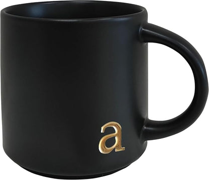 COLLECTIVE HOME Black Ceramic Coffee Mug, 15 oz Golden Monogram Tea Cup |