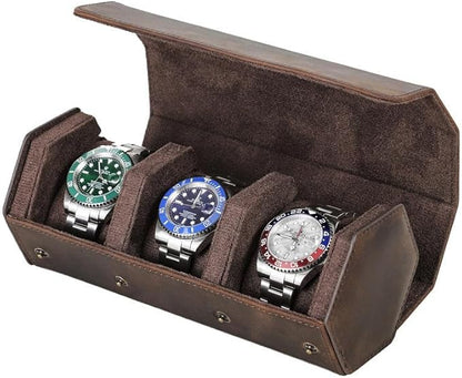 Genuine Leather Watch Roll Travel Case, Vintage Full Grain Leather Hexagon Watches Storage Organizer with Display Removable Pillows & Solid Dividers for Home Storage &Display(3 Slots)