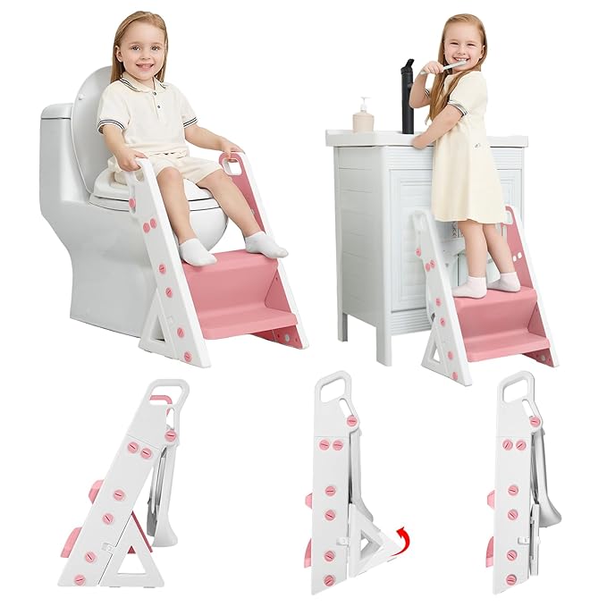 Primlect Space-Saving Potty Training Seat with Ladder, Adjustable Step and Toilet Seat Height, Top Handles for Easy Climbing, Easy to Carry, Portable Toddler Toilet Trainer for Small Bathrooms