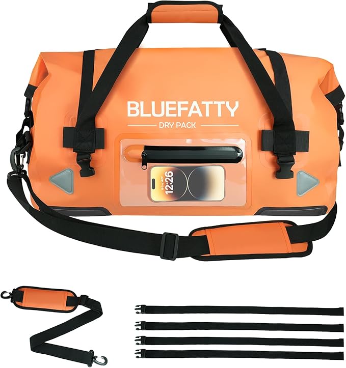 Waterproof Motorcycle Duffel Bag Roll Top Dry Duffel Bag with Quick-fixed Straps for Rafting, Boating, Kayaking, Travel, 50L(Orange)