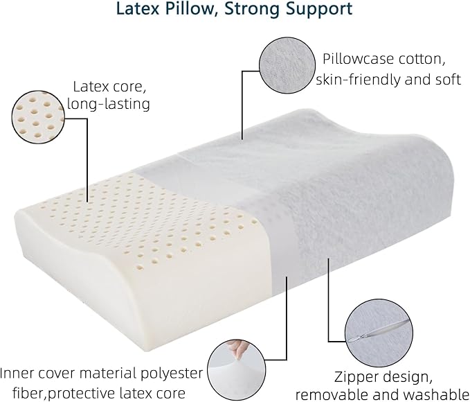 Cervical Neck Pillow for Pain Relief - Ergonomic Organic Nature Latex Foam Contour Pillows for Side, Back Sleepers, Medium Firm Soft Pillow for Neck Support with Breathable Cover (3.9"/4.7")