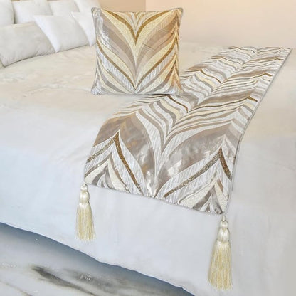 The HomeCentric King/Queen/Twin Ivory Luxury Full 68"x18" Bed Runner with One Pillow Cover, Bead Hand Embroidery Bed Scarf on Jacquard Fabric - Clarissa Serene