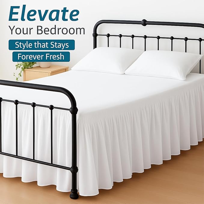 Shreem Linen Ruffled Bed Skirt with Split Corners, Gathered Style, 100% Microfiber, 30-Inch Drop, Dust Ruffle Bedskirt with Platform, Queen-XL, White