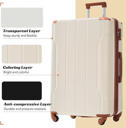 Merax 28 Inch Checked-Large Luggage with Wheels Aluminum Alloy Corner Hard Shell Suitcase TSA Luggage Suitcases for Travel Woman Men(White Brown)