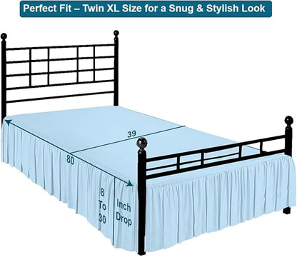 Shreem Linen Ruffled Bed Skirt with Split Corners, Gathered Style, 100% Microfiber, 21-Inch Drop, Dust Ruffle Bedskirt with Platform, Twin-XL, Light Blue