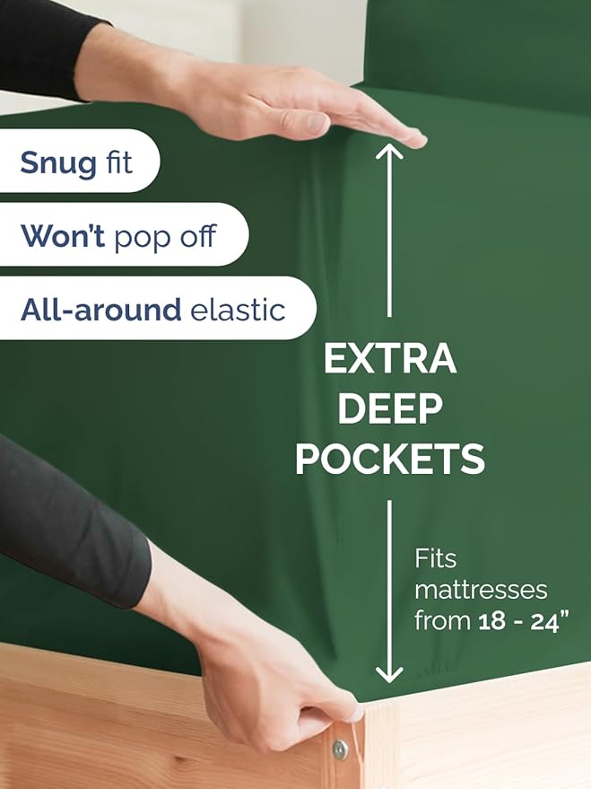 Extra Deep Cal King Fitted Sheet - Hotel Luxury Single Fitted Sheet Only - Easily Fits 18 inch to 24 inch Mattress - Ultra Soft, Wrinkle Free w/Extra Deep Pockets - Breathable & Comfy - Emerald Green