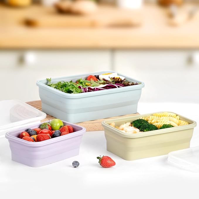 Large Collapsible Food Containers with Lids for Camping & Travel | Leak-Proof Silicone Storage Bowls,2000ml/1200ml/800ml, Dishwasher, Microwave Freezer Safe - Set of 3
