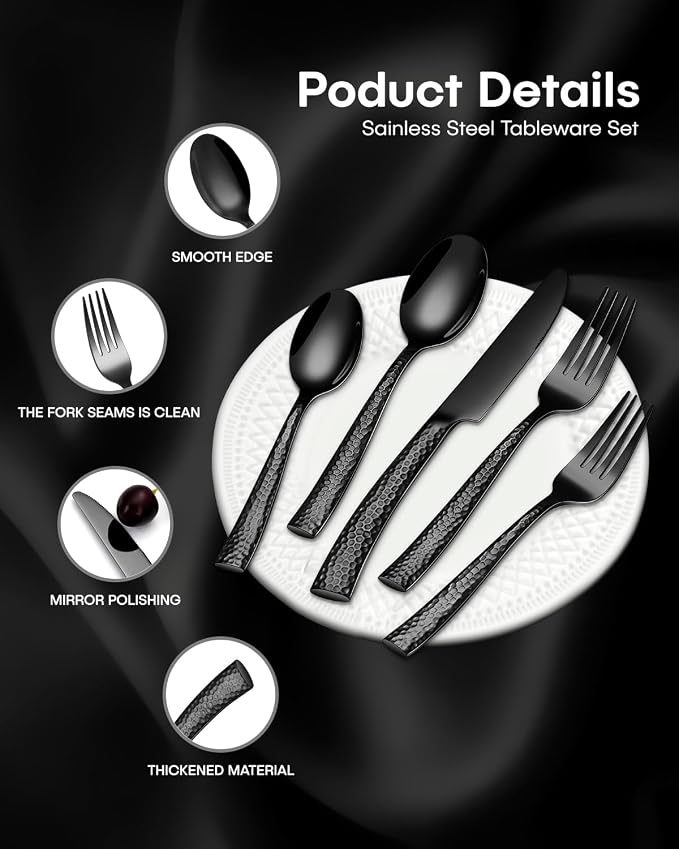 EUIRIO 40-Piece Black Hammered Silverware Set, Stainless Steel Black Flatware